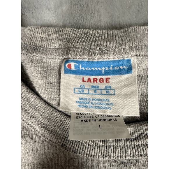 Champion T-Shirt Men's Large Gray Blue Red Script Logo Tee Cotton Blend - Picture 4 of 9
